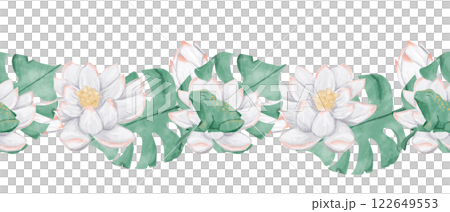 Seamless Watercolor Tropical Border with White Water Lily Flowers, Sleeping Green Frog, Lush Exotic Foliage, for Design Print, Web, Textile, Tape and other Products Seamless Watercolor Tropical Border with White Water Lily Flowers, Sleeping Green Frog, Lush Exotic Foliage, for Design Print, Web, Textile, Tape and other Products 122649553