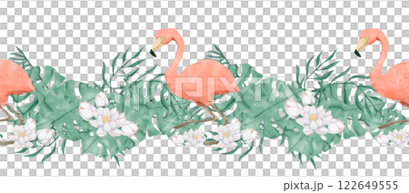Seamless Watercolor Tropical Border with Pink Flamingo, White Lotus Flowers, Lush Exotic Foliage, for Design Print, Web, Textile, Tape and other Products Seamless Watercolor Tropical Border with Pink Flamingo, White Lotus Flowers, Lush Exotic Foliage, for Design Print, Web, Textile, Tape and other Products 122649555