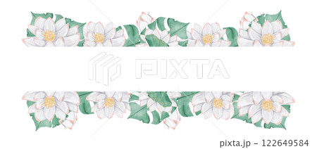 Watercolor Illustration Tropical Frame with Lush Foliage, White Lotus Flowers and Green Toads, Template for Print, Textile and Web	 122649584