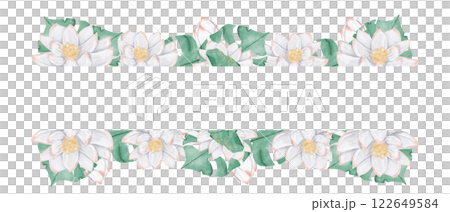 Watercolor Illustration Tropical Frame with Lush Foliage, White Lotus Flowers and Green Toads, Template for Print, Textile and Web	 122649584