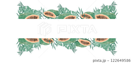 Watercolor Illustration Tropical Frame with Lush Foliage and Papaya Fruits, Template for Print, Textile and Web Watercolor Illustration Tropical Frame with Lush Foliage and Papaya Fruits, Template for Print, Textile and Web 122649586