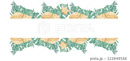 Watercolor Illustration Tropical Frame with Lush Foliage and Carambola Fruits, Template for Print, Textile and Web	 122649588