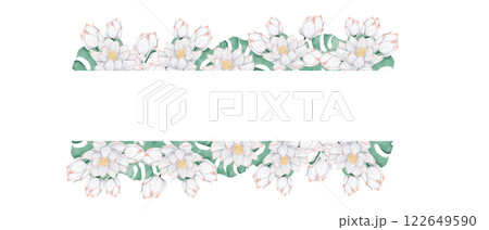 Watercolor Illustration Tropical Frame with Lush Foliage and White Lotuses, Template for Print, Textile and Web 122649590