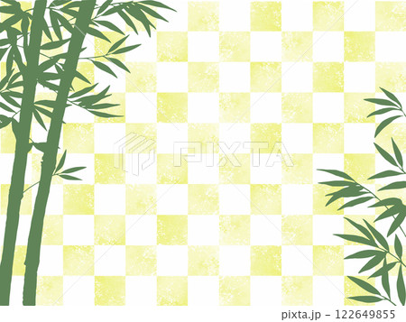 水彩の市松模様に竹の葉のシルエット 122649855
