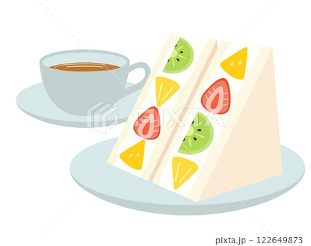 フルーツサンドと紅茶の軽食やおやつ・デザートをイメージしたイラスト フルーツサンドと紅茶の軽食やおやつ・デザートをイメージしたイラスト 122649873
