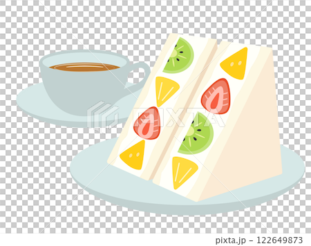 フルーツサンドと紅茶の軽食やおやつ・デザートをイメージしたイラスト フルーツサンドと紅茶の軽食やおやつ・デザートをイメージしたイラスト 122649873