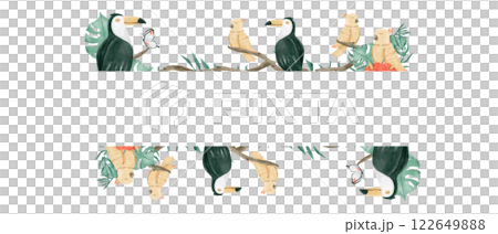 Watercolor Illustration Tropical Frame with Exotic Birds Toucans and Yellow Parrots, Template for Print, Textile and Web Watercolor Illustration Tropical Frame with Exotic Birds Toucans and Yellow Parrots, Template for Print, Textile and Web 122649888