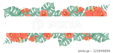 Watercolor Illustration Tropical Frame with Red Hibiscus Flowers and Big Exotic Leaves, Template for Print, Textile and Web	 122649894