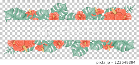 Watercolor Illustration Tropical Frame with Red Hibiscus Flowers and Big Exotic Leaves, Template for Print, Textile and Web	 122649894