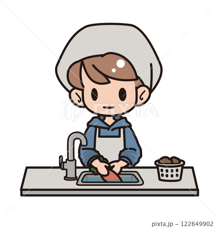 調理実習で野菜を洗う子ども 調理実習で野菜を洗う子ども 122649902