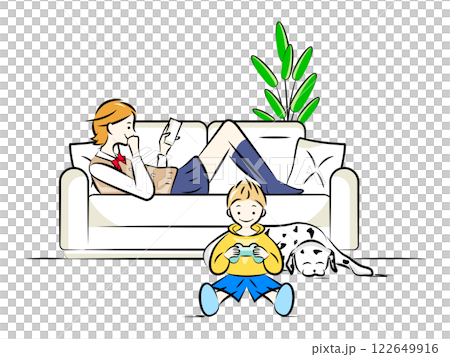 A high school girl (older sister) looking at her smartphone on the living room sofa and a boy (younger brother) playing a game, a dog | Family series 122649916