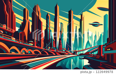 Stylish and bright poster using the concept of retrofuturism. 122649978