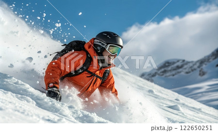 A Snowboarder in Mid-Air Action on a Snowy Mountain Slope 122650251