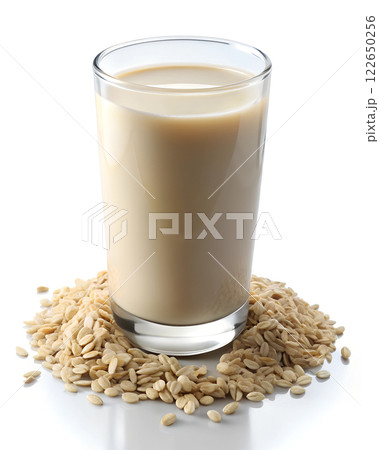 Glass of Oat Milk with Oats on White Background Glass of Oat Milk with Oats on White Background 122650256