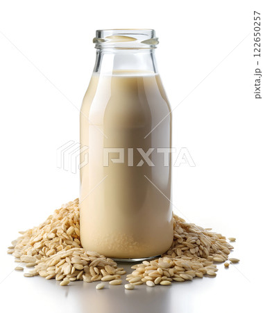 Glass Bottle of Milk with Oats on White Background Glass Bottle of Milk with Oats on White Background 122650257