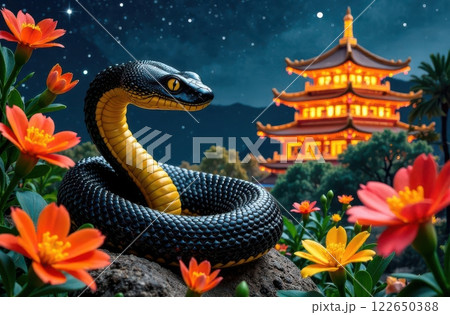 A vibrant black and yellow snake is coiled among blooming flowers, with a traditional Asian temple illuminated in the background under a starry sky. The serene scenery reflects harmony in nature. 122650388