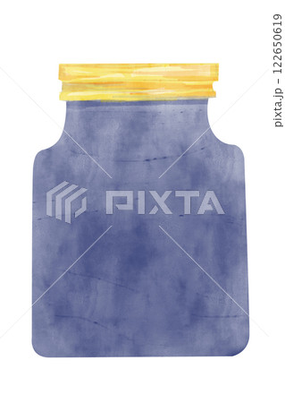Watercolor Blue Glass Jar with Metallic Yellow and Orange Lid in Simple Childish Style Clipart Illustration for Textile, Print and Web Design Watercolor Blue Glass Jar with Metallic Yellow and Orange Lid in Simple Childish Style Clipart Illustration for Textile, Print and Web Design 122650619