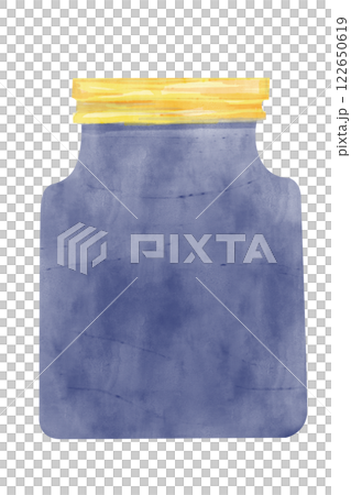 Watercolor Blue Glass Jar with Metallic Yellow and Orange Lid in Simple Childish Style Clipart Illustration for Textile, Print and Web Design Watercolor Blue Glass Jar with Metallic Yellow and Orange Lid in Simple Childish Style Clipart Illustration for Textile, Print and Web Design 122650619