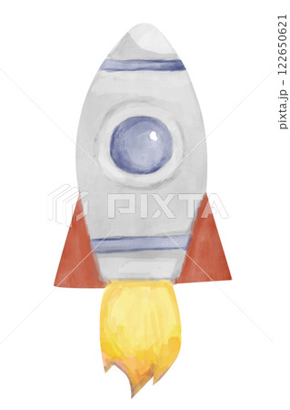Watercolor Flying Rocket Spaceship with Round Porthole and Flame in Simple Childish Style Clipart Illustration for Textile, Print and Web Design Watercolor Flying Rocket Spaceship with Round Porthole and Flame in Simple Childish Style Clipart Illustration for Textile, Print and Web Design 122650621