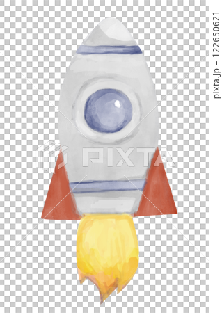 Watercolor Flying Rocket Spaceship with Round Porthole and Flame in Simple Childish Style Clipart Illustration for Textile, Print and Web Design Watercolor Flying Rocket Spaceship with Round Porthole and Flame in Simple Childish Style Clipart Illustration for Textile, Print and Web Design 122650621