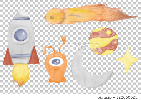 Watercolor Set Collection with Space Illustrations: Comet, Planet, Star, Moon, Rocket, Alien, for Print, Textile, Postcards, Web 122650625