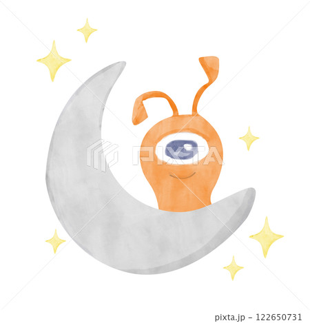 Watercolor Illustration Space Alien Orange With One Eye Sitting On Moon With Stars For Print, Textile, Cards, Web	 122650731