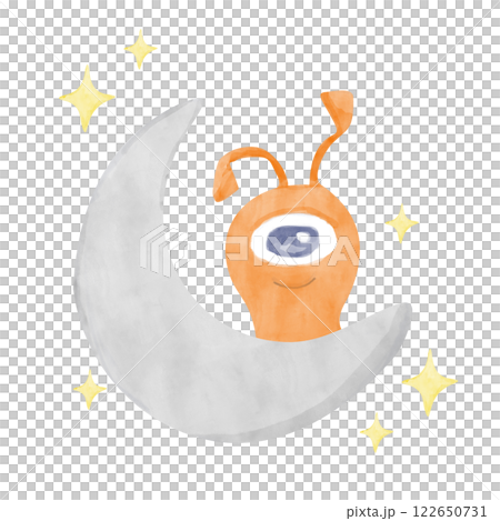 Watercolor Illustration Space Alien Orange With One Eye Sitting On Moon With Stars For Print, Textile, Cards, Web	 122650731