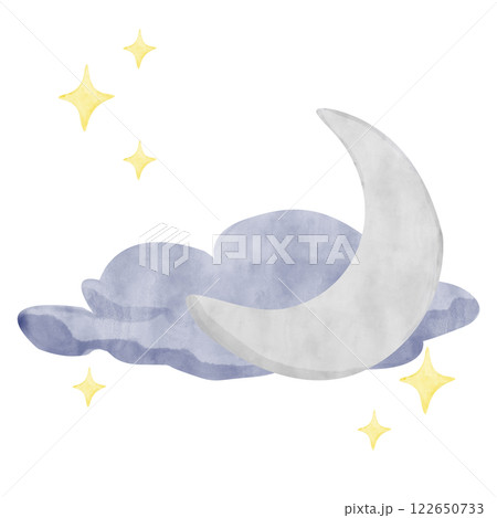 Watercolor Illustration Weather Forecast with Blue Cloud, Silver Moon and Stars, for Printing, Web, Textile	 122650733