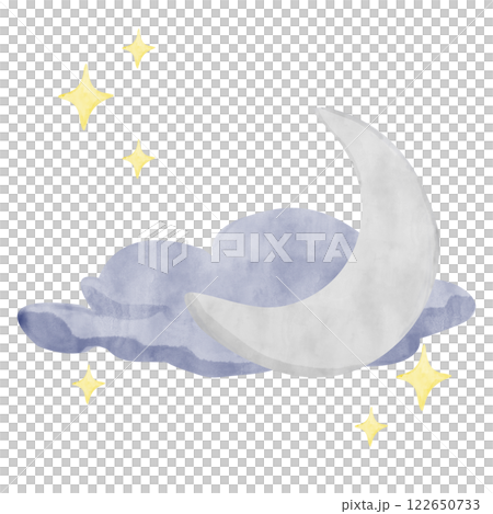 Watercolor Illustration Weather Forecast with Blue Cloud, Silver Moon and Stars, for Printing, Web, Textile	 122650733