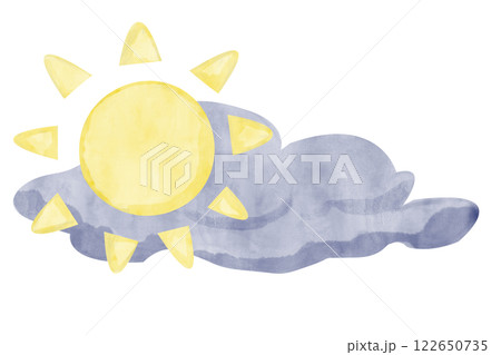 Watercolor Illustration Weather Forecast with Blue Cloud and Yellow Sun for Printing, Web, Textile	 122650735