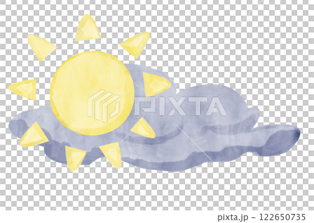 Watercolor Illustration Weather Forecast with Blue Cloud and Yellow Sun for Printing, Web, Textile	 122650735