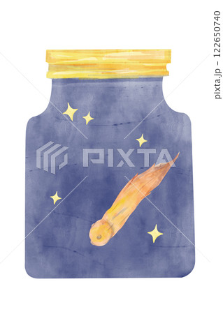Watercolor Illustration Space Jar with Starry Sky and Comet or Asteroid, for Print, Textile, Cards, Web	 122650740