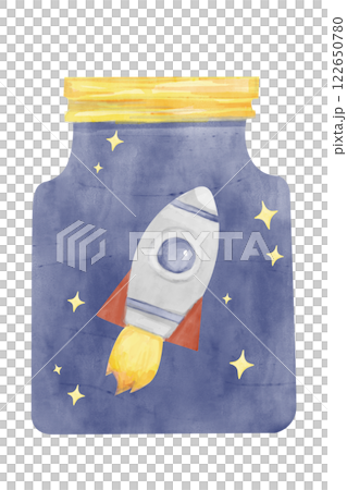 Watercolor Illustration Space Jar with Starry Sky and Oval Spaceship, for Print, Textile, Cards, Web Watercolor Illustration Space Jar with Starry Sky and Oval Spaceship, for Print, Textile, Cards, Web 122650780