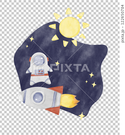Watercolor Illustration Space with Rocket, Astronaut, Stars, Sun on Blue Backdrop, for Print, Textile, Postcards, Web	 122650784