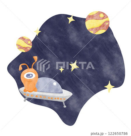 Watercolor Illustration Space with Alien, UFO, Blue Background, Stars and Planets, for Print, Textile, Postcards, Web Watercolor Illustration Space with Alien, UFO, Blue Background, Stars and Planets, for Print, Textile, Postcards, Web 122650786