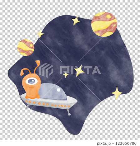 Watercolor Illustration Space with Alien, UFO, Blue Background, Stars and Planets, for Print, Textile, Postcards, Web Watercolor Illustration Space with Alien, UFO, Blue Background, Stars and Planets, for Print, Textile, Postcards, Web 122650786
