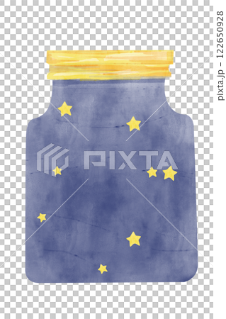 Watercolor Illustration Space Glass Jar with Metallic Yellow Lid, Night Starry Sky, for Print, Textile, Cards, Web	 122650928