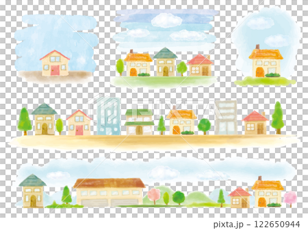 Set of 5 hand-drawn houses and streetscapes in watercolor style Set of 5 hand-drawn houses and streetscapes in watercolor style 122650944