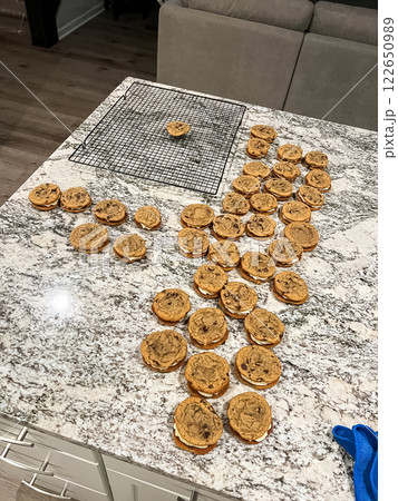 A batch of freshly made homemade cookie sandwiches cooling on a granite kitchen countertop Some are placed on a wire rack while others are spread across the surface Each sandwich consists of two 122650989