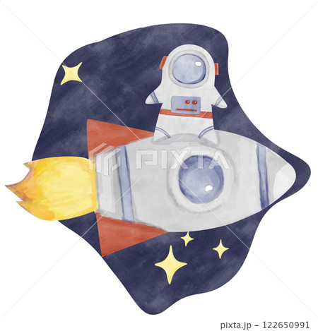 Watercolor Illustration Astronaut in Spacesuit, Rocket Spaceship and Stars on Blue Background, for Print, Textile, Postcards, Web Watercolor Illustration Astronaut in Spacesuit, Rocket Spaceship and Stars on Blue Background, for Print, Textile, Postcards, Web 122650991