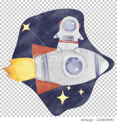 Watercolor Illustration Astronaut in Spacesuit, Rocket Spaceship and Stars on Blue Background, for Print, Textile, Postcards, Web Watercolor Illustration Astronaut in Spacesuit, Rocket Spaceship and Stars on Blue Background, for Print, Textile, Postcards, Web 122650991
