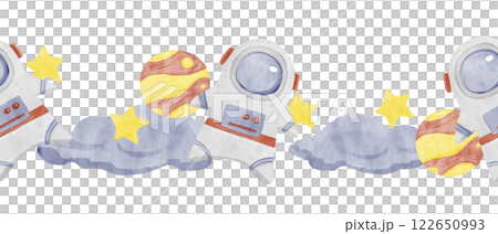 Watercolor Illustration Seamless Border with Astronaut, Blue Clouds, Yellow and Red Planets and Golden Stars, Ready to Use Template for Print, Web and Textile 122650993