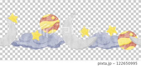 Watercolor Illustration Seamless Border with New Moon, Blue Clouds, Yellow and Red Planets and Golden Stars, Ready to Use Template for Print, Web and Textile 122650995