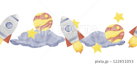 Watercolor Illustration Seamless Border with Space Rocket, Blue Clouds, Yellow and Red Planets and Golden Stars, Ready to Use Template for Print, Web and Textile 122651053
