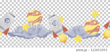 Watercolor Illustration Seamless Border with Space Rocket, Blue Clouds, Yellow and Red Planets and Golden Stars, Ready to Use Template for Print, Web and Textile 122651053