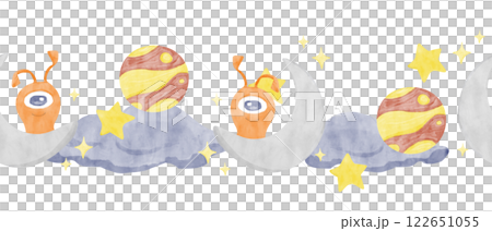 Watercolor Illustration Seamless Border with Silver New Moon, Orange Alien, Planets, Blue Clouds and Yellow Stars, Ready to Use Template for Print, Web and Textile 122651055