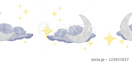 Watercolor Illustration Seamless Border with Silver New Moon, Blue Clouds and Yellow Stars, Ready to Use Template for Print, Web and Textile Watercolor Illustration Seamless Border with Silver New Moon, Blue Clouds and Yellow Stars, Ready to Use Template for Print, Web and Textile 122651057