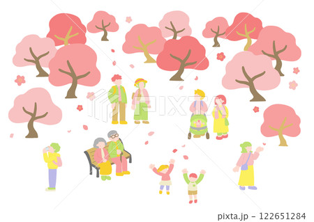 桜[お花見]を楽しむ多世代の人々フラットなイラスト（セット） 122651284