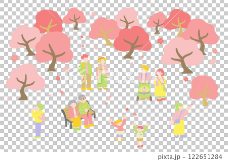 桜[お花見]を楽しむ多世代の人々フラットなイラスト（セット） 122651284