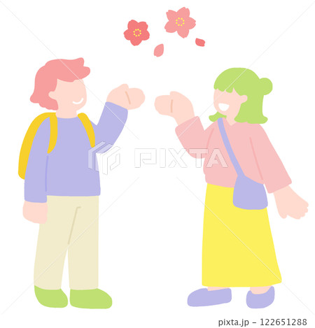 桜[お花見]を楽しむ手のひらを上に向けた男女のフラットなイラスト 122651288